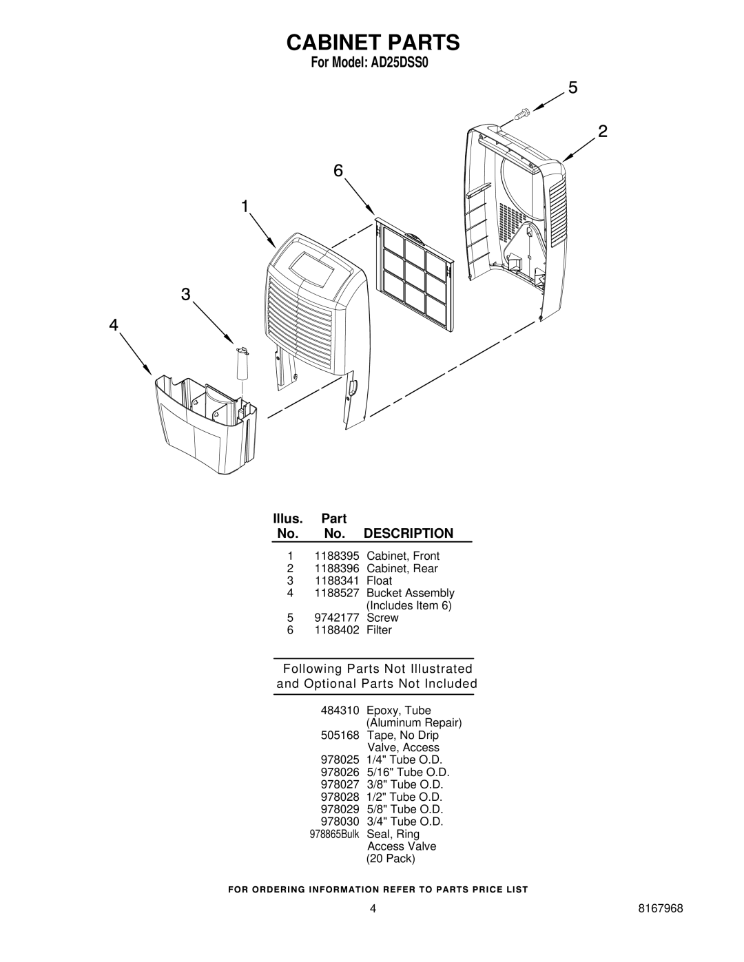 Whirlpool AD25DSS0 manual Cabinet Parts 