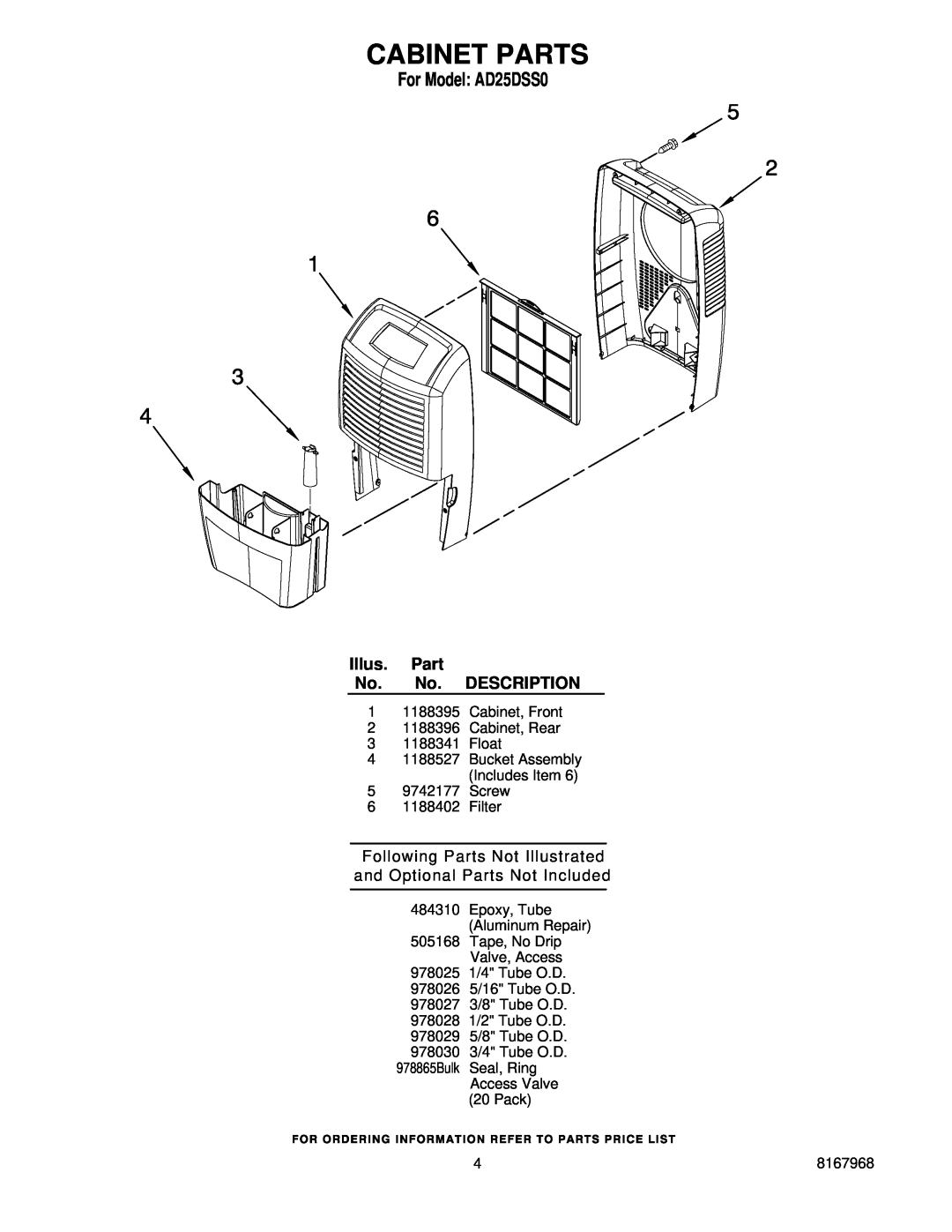 Whirlpool manual Cabinet Parts, For Model AD25DSS0, Illus. Part No. No. DESCRIPTION 