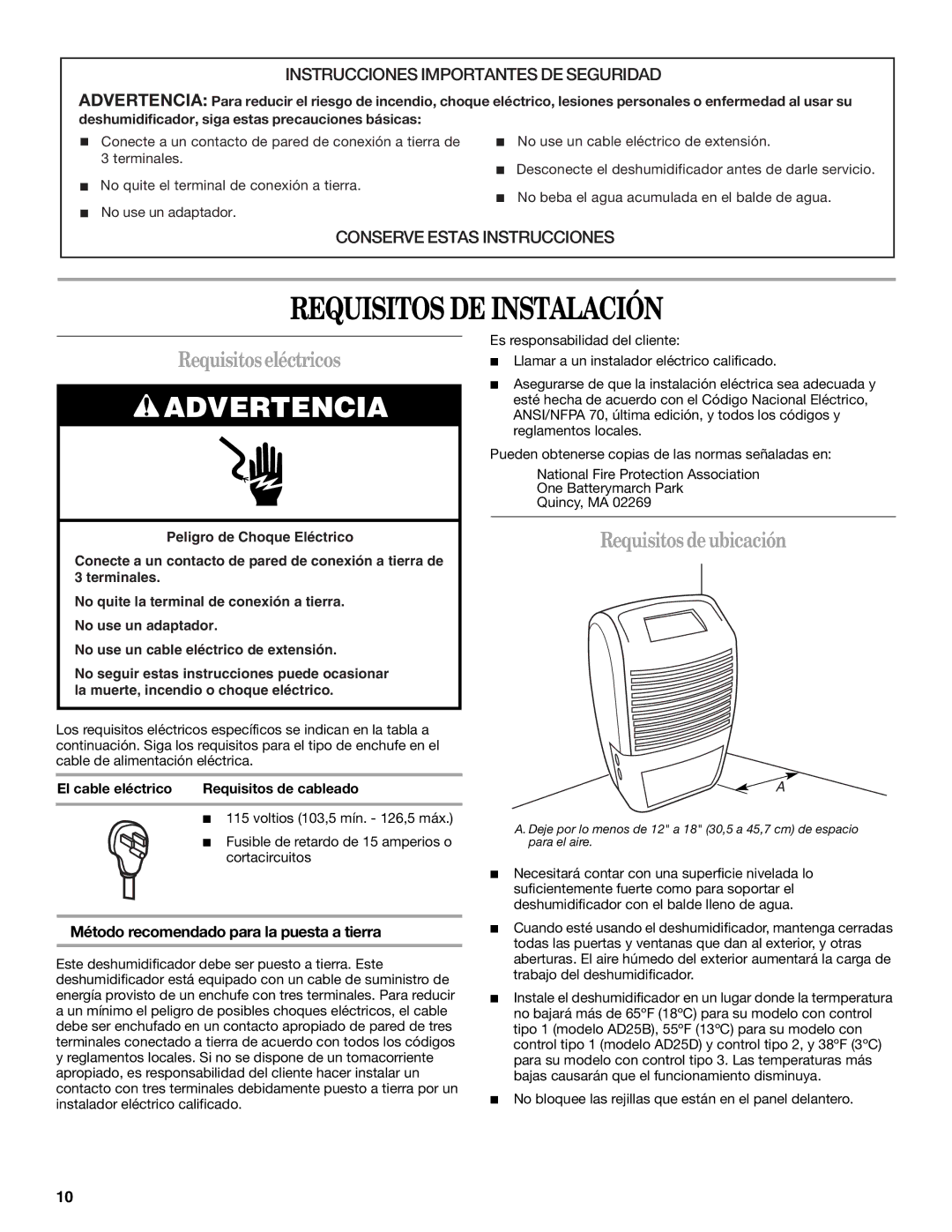 Whirlpool AD35DSS0 manual Requisitos DE Instalación, Requisitoseléctricos, Requisitos deubicación 