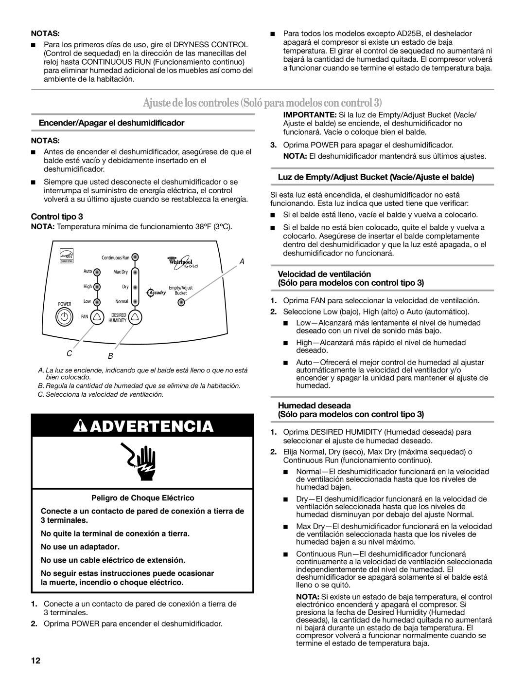 Whirlpool AD35DSS0 AjustedeloscontrolesSolóparamodeloscon control, Humedad deseada Sólo para modelos con control tipo 