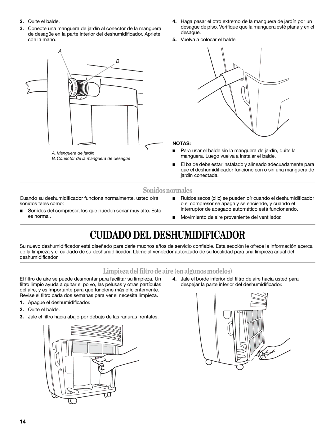 Whirlpool AD35DSS0 manual Cuidado DEL Deshumidificador, Sonidosnormales, Limpiezadel filtrodeaireen algunos modelos 