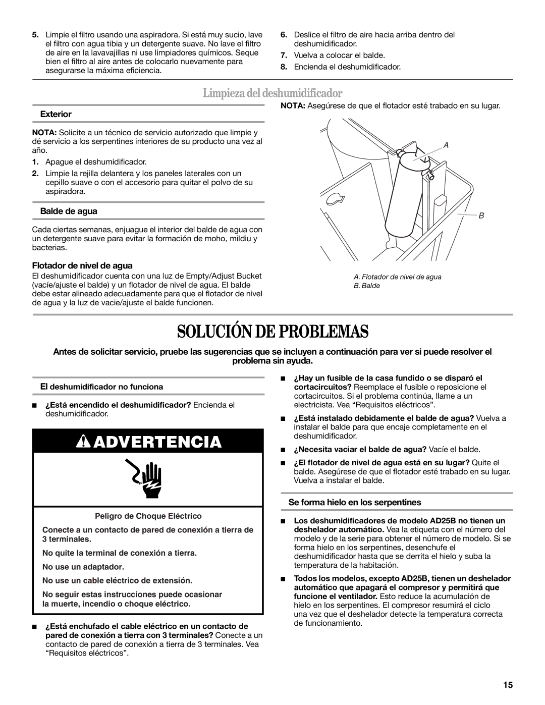 Whirlpool AD35DSS0 manual Solución DE Problemas, Limpiezadel deshumidificador, Balde de agua, Flotador de nivel de agua 