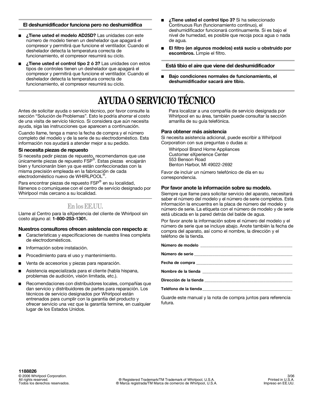 Whirlpool AD35DSS0 manual Ayuda O Servicio Técnico, EnlosEE.UU 