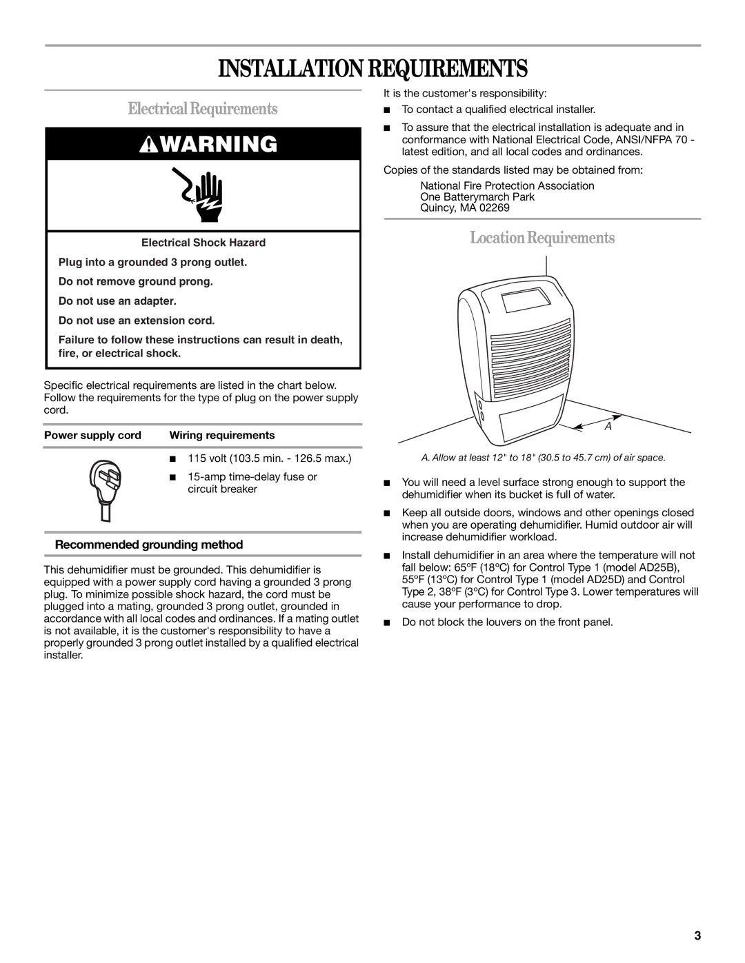 Whirlpool AD35DSS0 Installation Requirements, Electrical Requirements, LocationRequirements, Recommended grounding method 