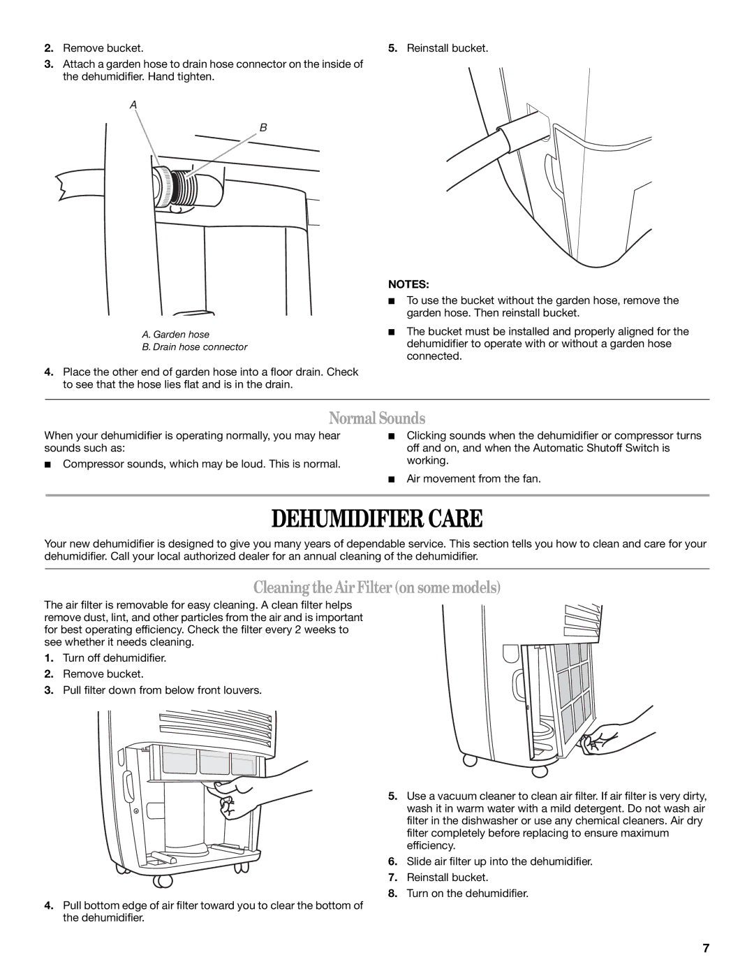 Whirlpool AD35DSS0 manual Dehumidifier Care, Normal Sounds, CleaningtheAirFilteronsomemodels 