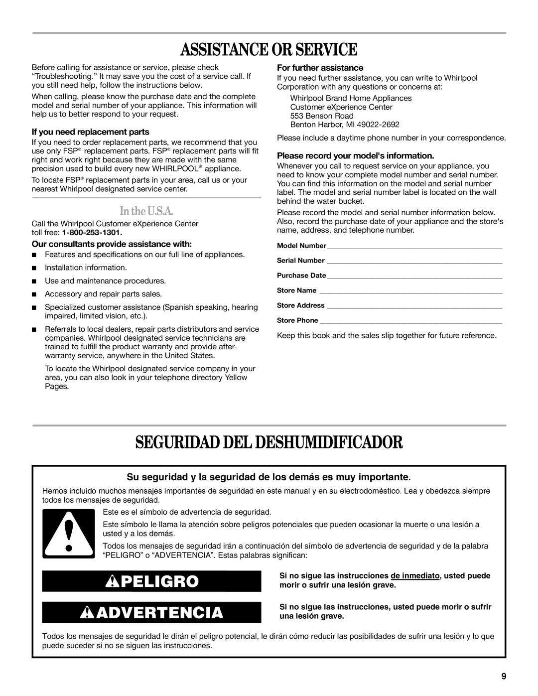 Whirlpool AD35DSS0 manual Assistance or Service, Seguridad DEL Deshumidificador, TheU.S.A 