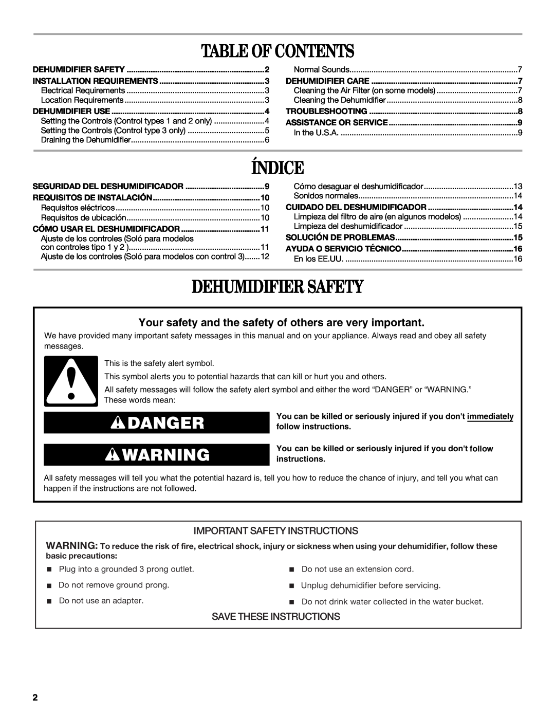 Whirlpool AD35DSS0 manual Table Of Contents, Índice, Dehumidifier Safety, Danger, Important Safety Instructions 