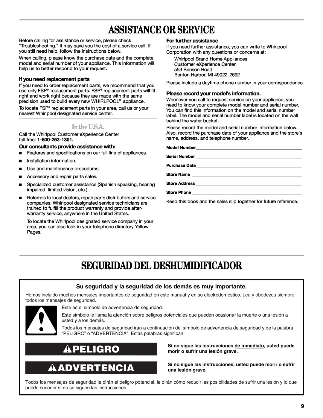 Whirlpool AD35DSS0 manual Assistance Or Service, Seguridad Del Deshumidificador, Peligro Advertencia, In theU.S.A 