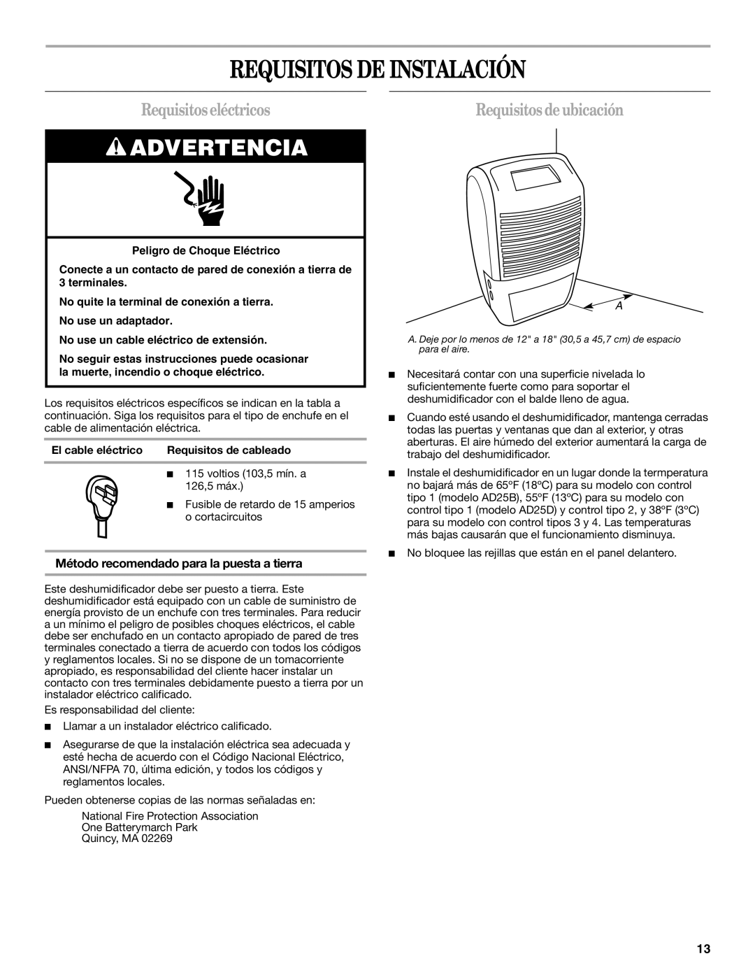 Whirlpool AD35DSS1 manual Requisitos DE Instalación, Requisitoseléctricos, Requisitos deubicación 