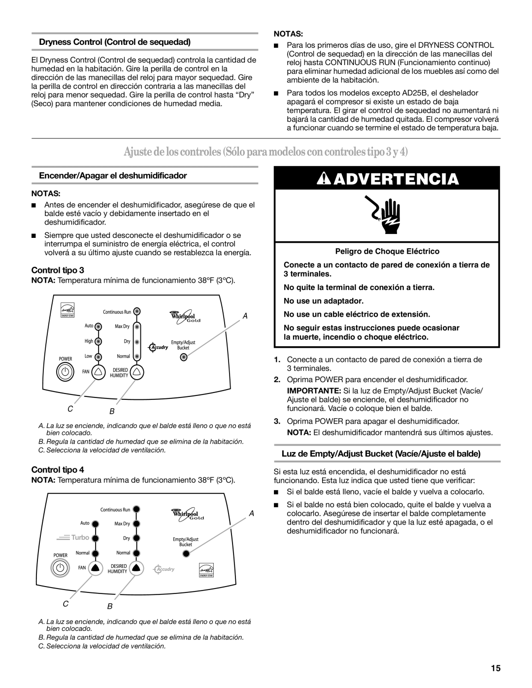 Whirlpool AD35DSS1 manual AjustedeloscontrolesSóloparamodelos concontrolestipo3y4, Dryness Control Control de sequedad 