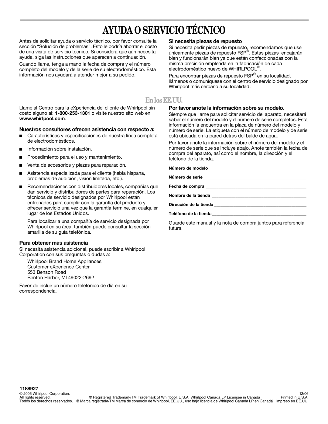 Whirlpool AD35DSS1 manual Ayuda O Servicio Técnico, En los EE.UU 