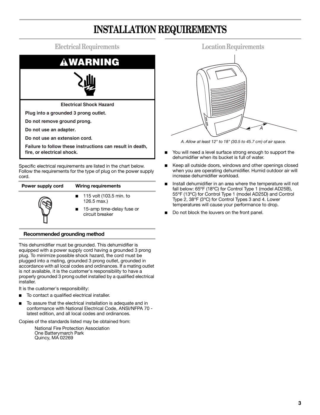 Whirlpool AD35DSS1 Installation Requirements, Electrical Requirements, LocationRequirements, Recommended grounding method 