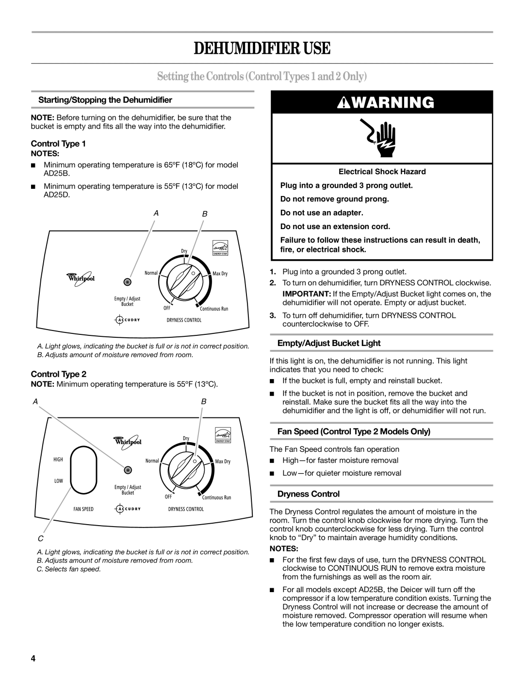 Whirlpool AD35DSS1 manual Dehumidifier USE, Setting theControlsControlTypes 1and2 Only 