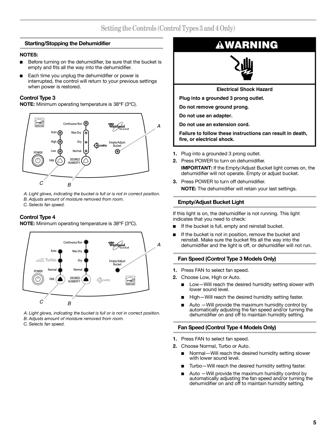 Whirlpool AD35DSS1 manual SettingtheControlsControl Types 3and4Only, Starting/Stopping the Dehumidifier 