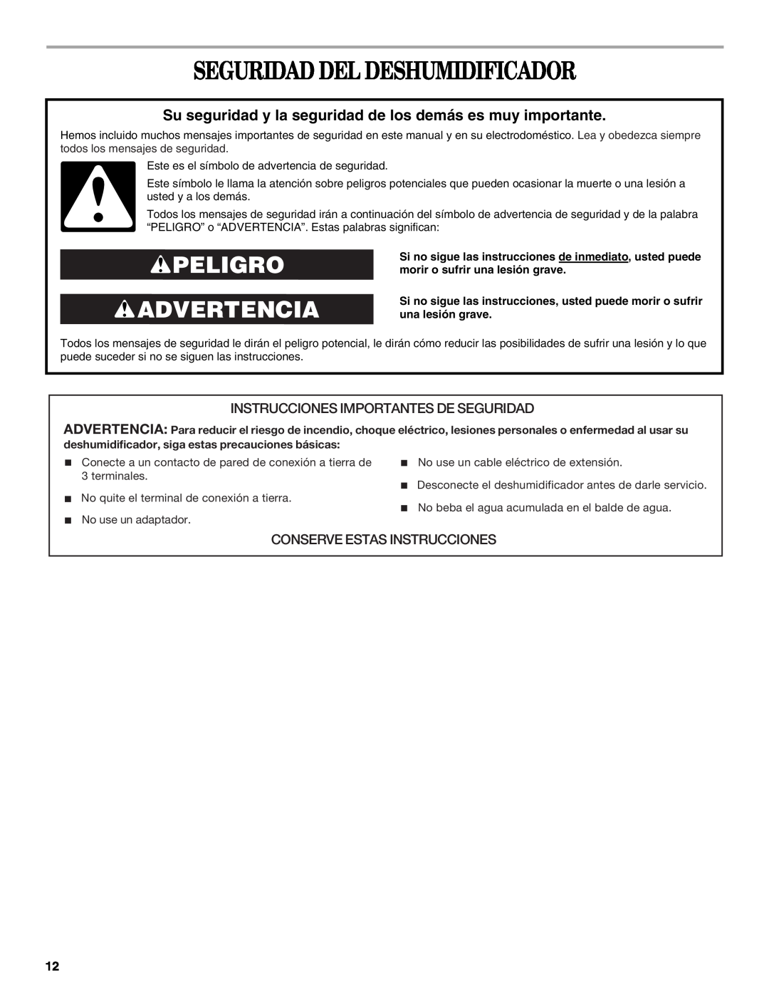 Whirlpool AD35DSS1 manual Seguridad Del Deshumidificador, Peligro Advertencia, Instrucciones Importantes De Seguridad 