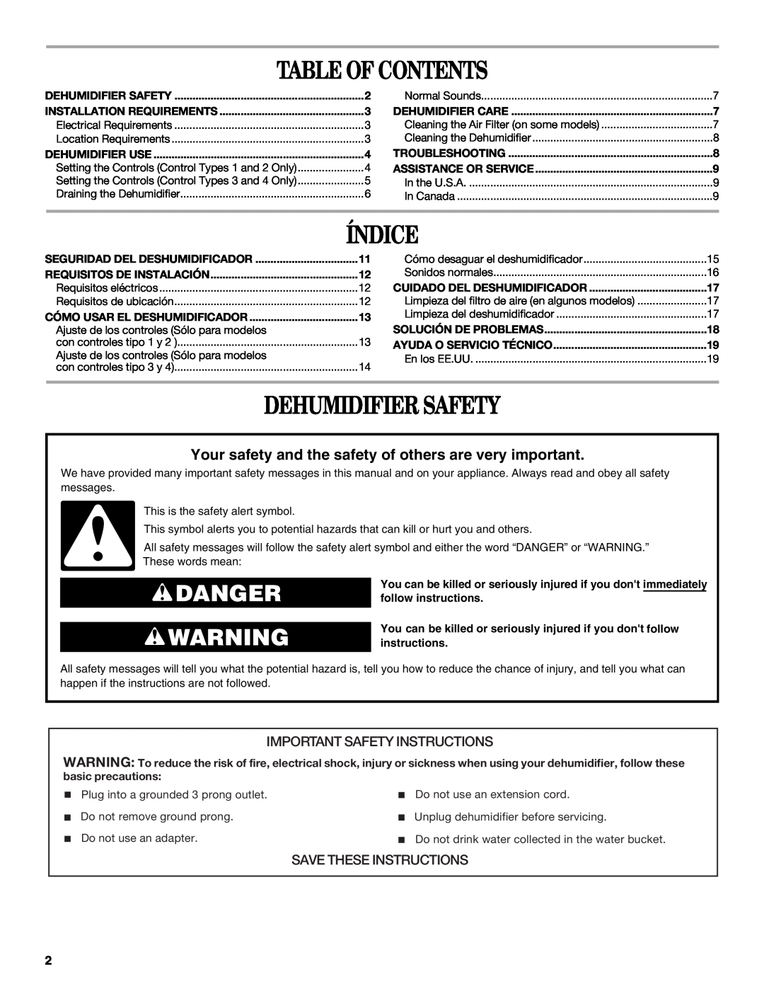 Whirlpool AD35DSS1 manual Table Of Contents, Índice, Dehumidifier Safety, Danger, Important Safety Instructions 