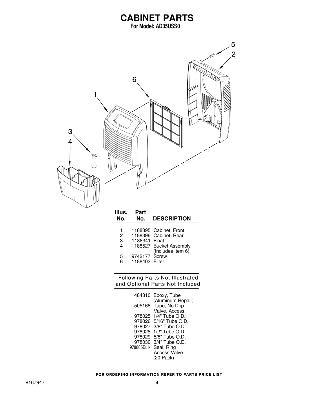 Whirlpool AD35USS0 manual Cabinet Parts 