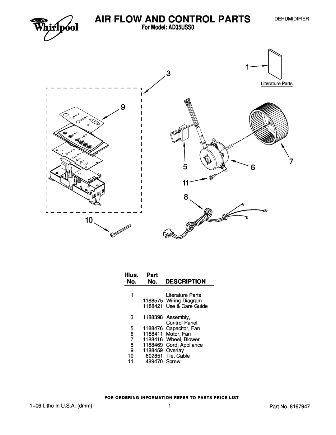 Whirlpool manual For Model AD35USS0, Illus. Part No. No. DESCRIPTION, Air Flow And Control Parts, Dehumidifier 