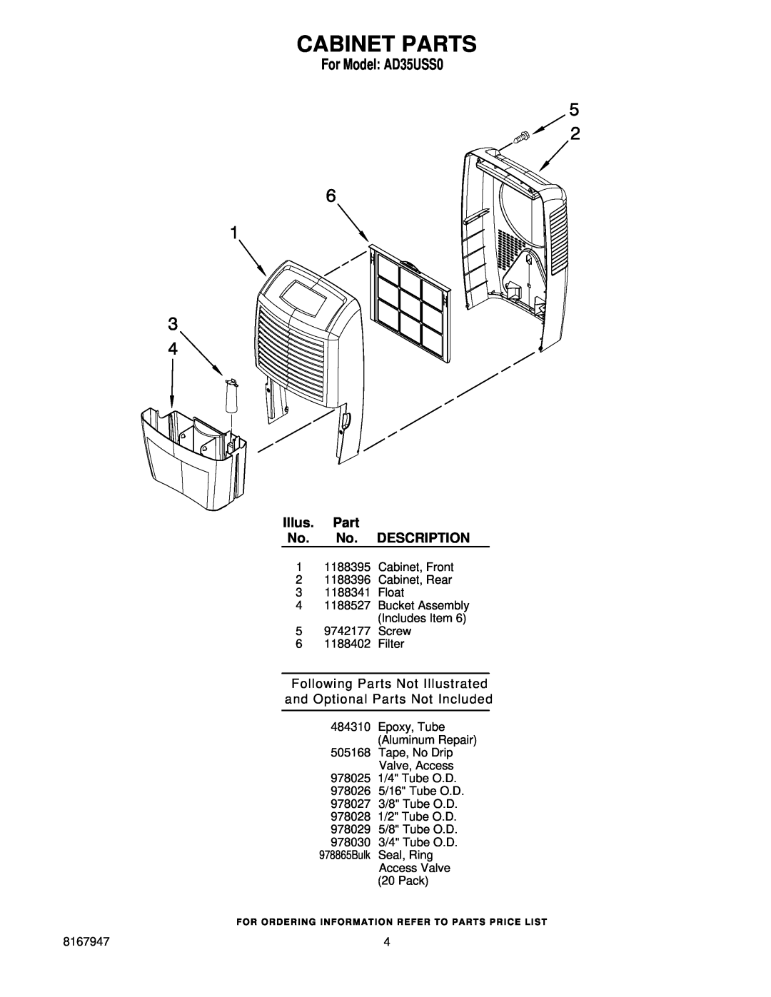Whirlpool manual Cabinet Parts, For Model AD35USS0, Illus. Part No. No. DESCRIPTION 