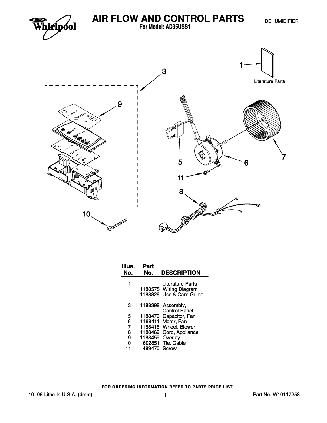 Whirlpool manual For Model AD35USS1, Illus. Part No. No. DESCRIPTION, Air Flow And Control Parts, Dehumidifier 