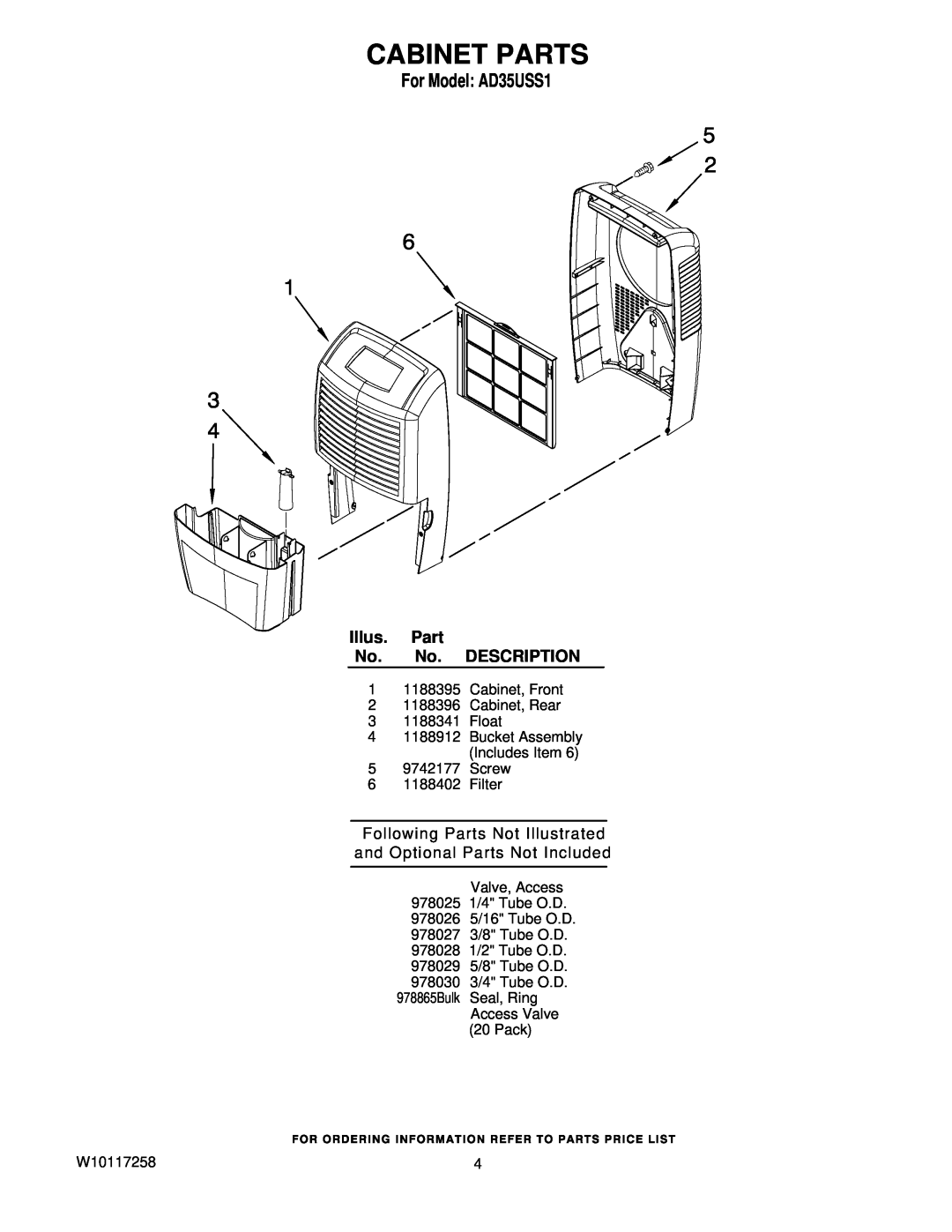 Whirlpool manual Cabinet Parts, For Model AD35USS1, Illus. Part No. No. DESCRIPTION 