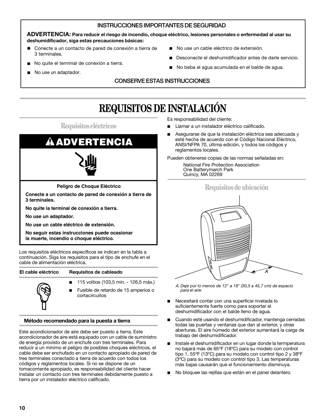 Whirlpool AD40DSS0 manual Requisitos DE Instalación, Requisitoseléctricos, Requisitos deubicación 