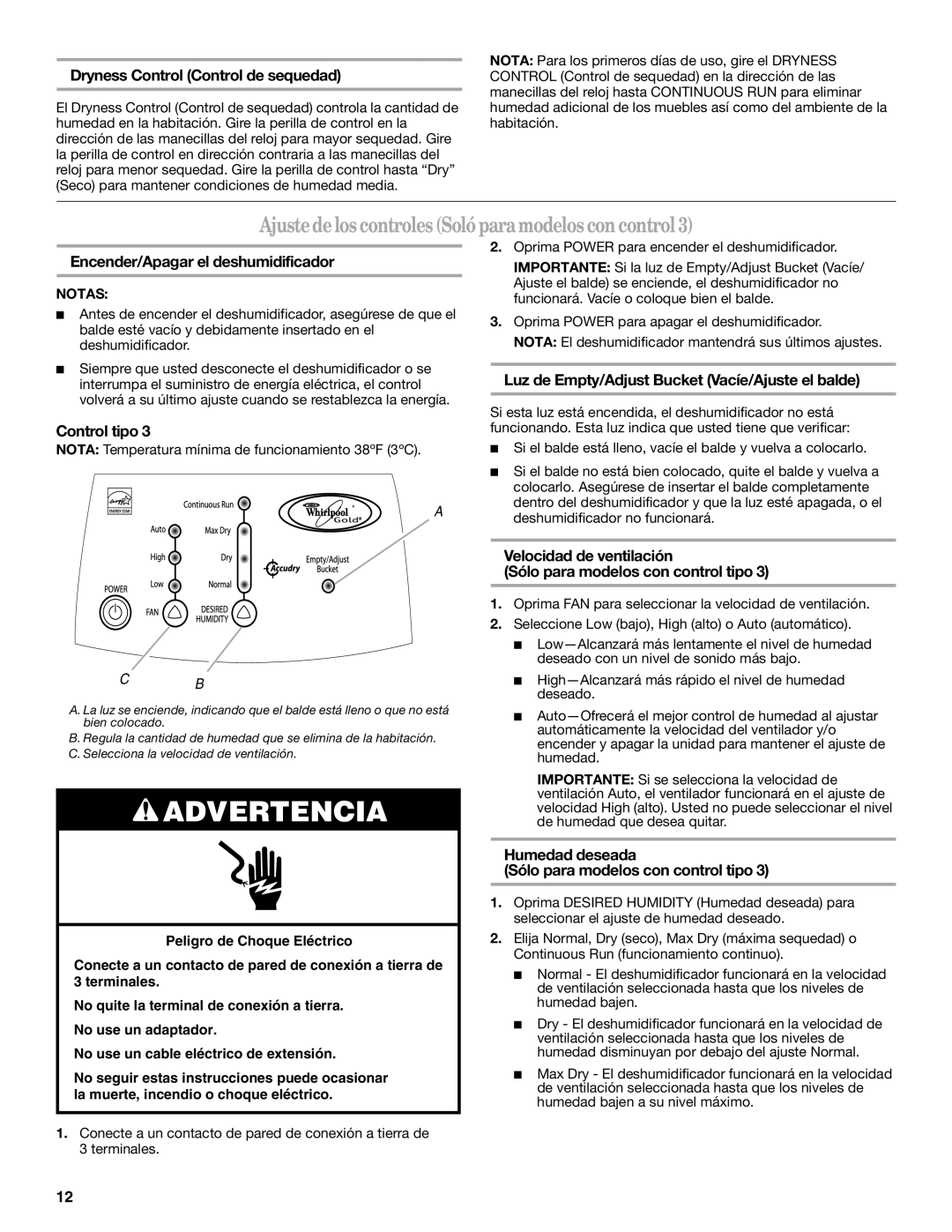 Whirlpool AD40DSS0 manual AjustedeloscontrolesSolóparamodeloscon control, Dryness Control Control de sequedad 