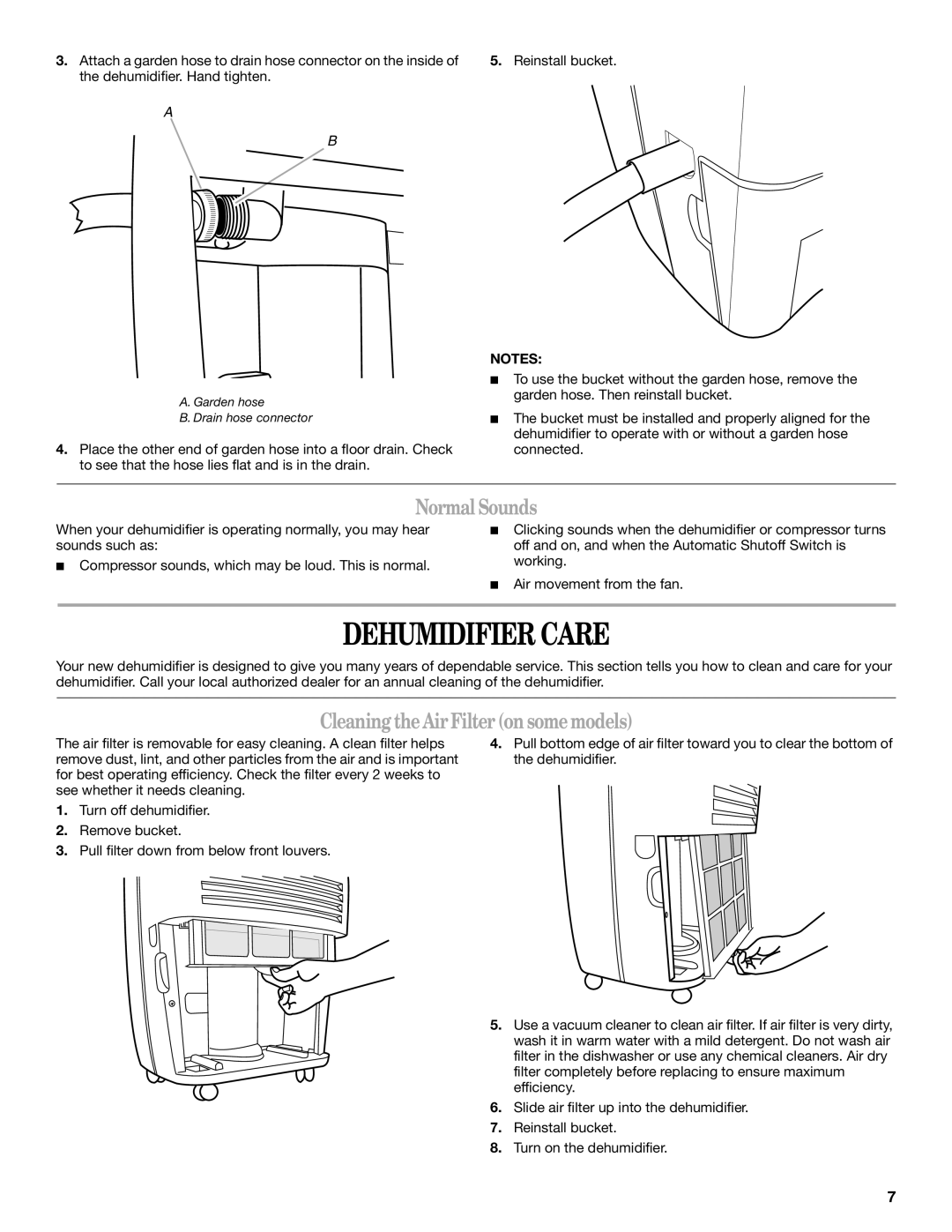 Whirlpool AD40DSS0 manual Dehumidifier Care, Normal Sounds, CleaningtheAirFilteronsomemodels 