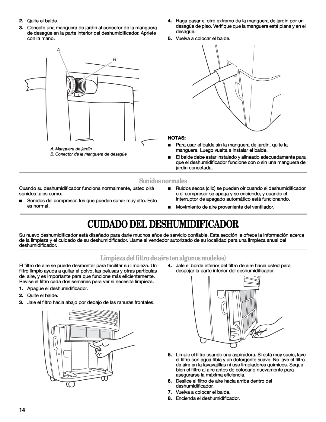 Whirlpool AD40DSS0 manual Cuidado Del Deshumidificador, Sonidosnormales, Limpiezadel filtrodeaireen algunos modelos 