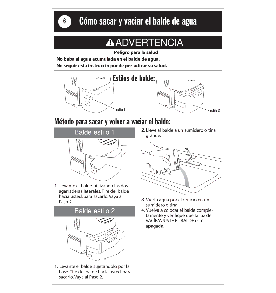 Whirlpool AD40LJ0 Cómo sacar y vaciar el balde de agua, Estilos de balde, Método para sacar y volver a vaciar el balde 