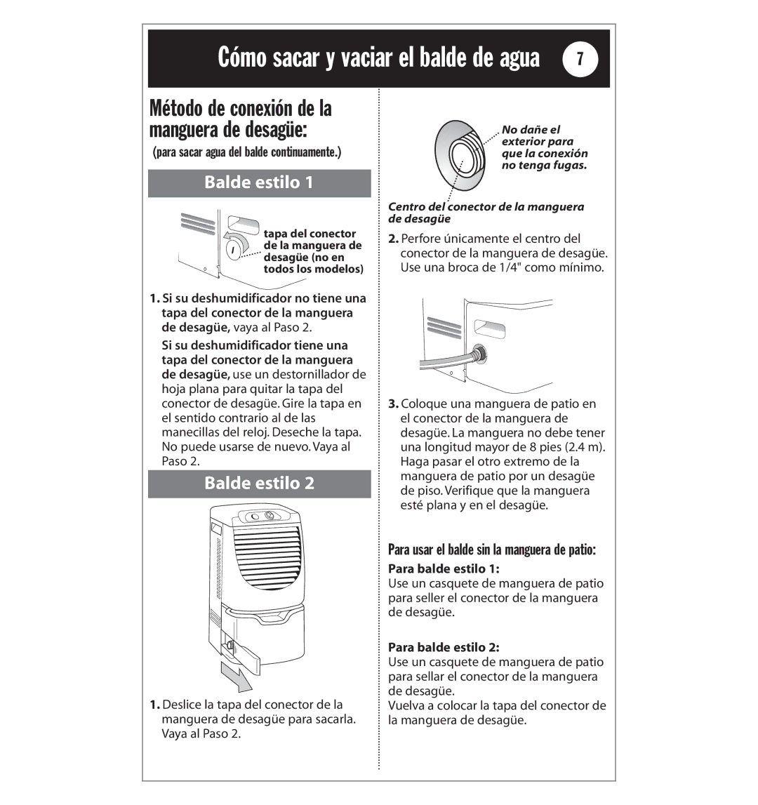 Whirlpool AD40LJ0 manual Cómo sacar y vaciar el balde de agua, Método de conexión de la manguera de desagüe 