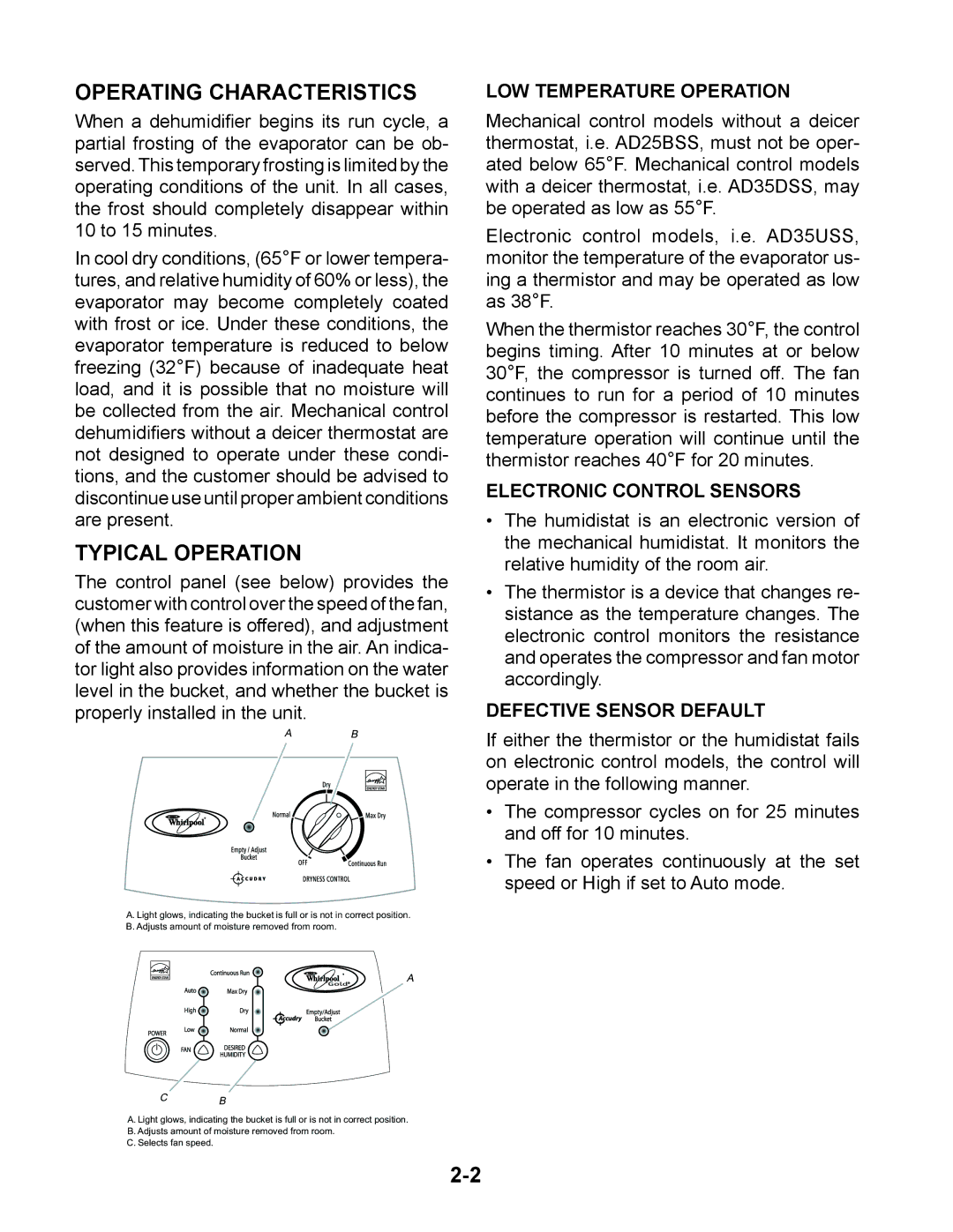 Whirlpool AD25BSS, AD50DSS, AD70USS, AD50USS, AD35DSS, AD35USS manual Operating Characteristics, Typical Operation 