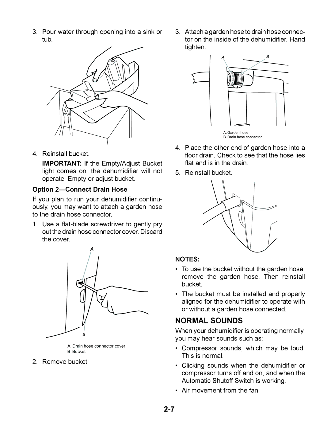 Whirlpool AD35DSS, AD50DSS, AD70USS, AD50USS, AD25BSS, AD35USS manual Normal Sounds, Option 2-Connect Drain Hose 