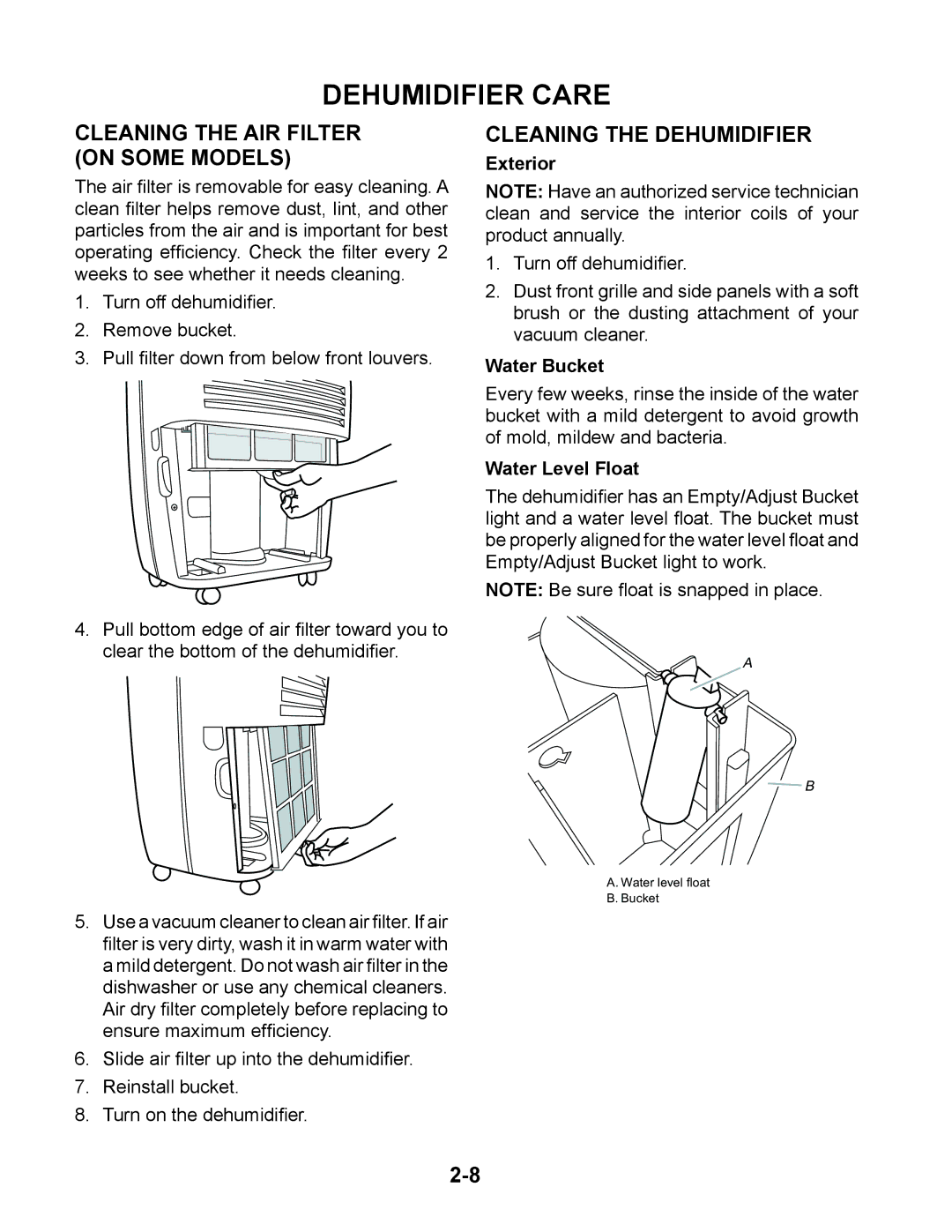 Whirlpool AD25BSS, AD50DSS, AD70USS Dehumidifier Care, Cleaning the AIR Filter on Some Models, Cleaning the Dehumidifier 