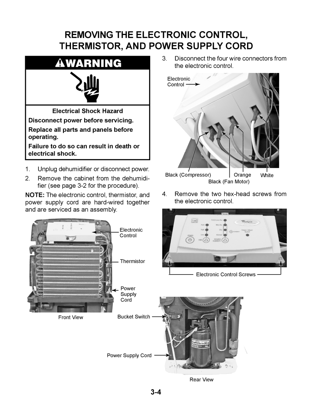 Whirlpool AD50USS, AD50DSS, AD70USS, AD35DSS, AD25BSS, AD35USS manual Remove the two hex-head screws from the electronic control 