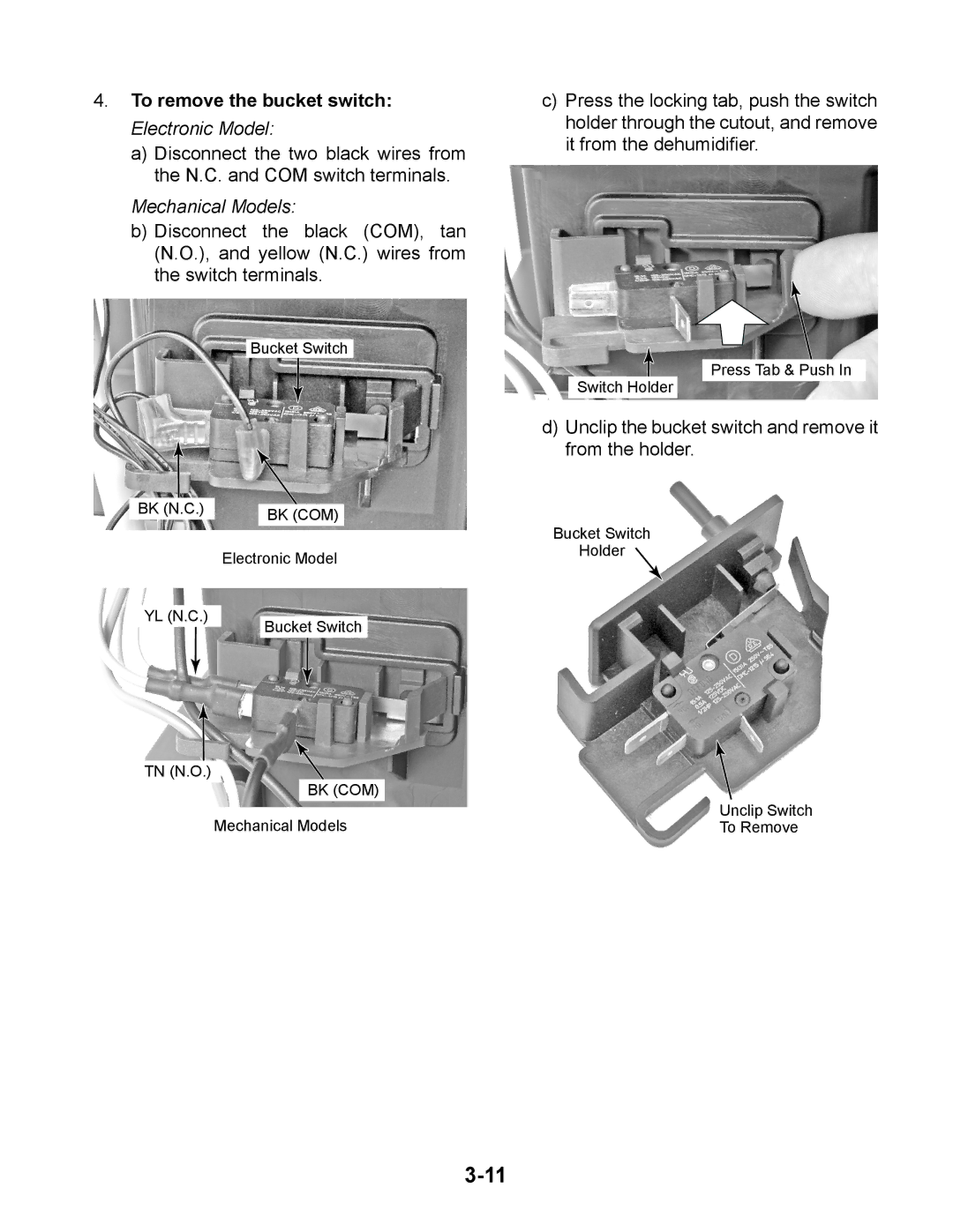 Whirlpool AD35DSS, AD50DSS, AD70USS, AD50USS, AD25BSS, AD35USS To remove the bucket switch Electronic Model, Mechanical Models 