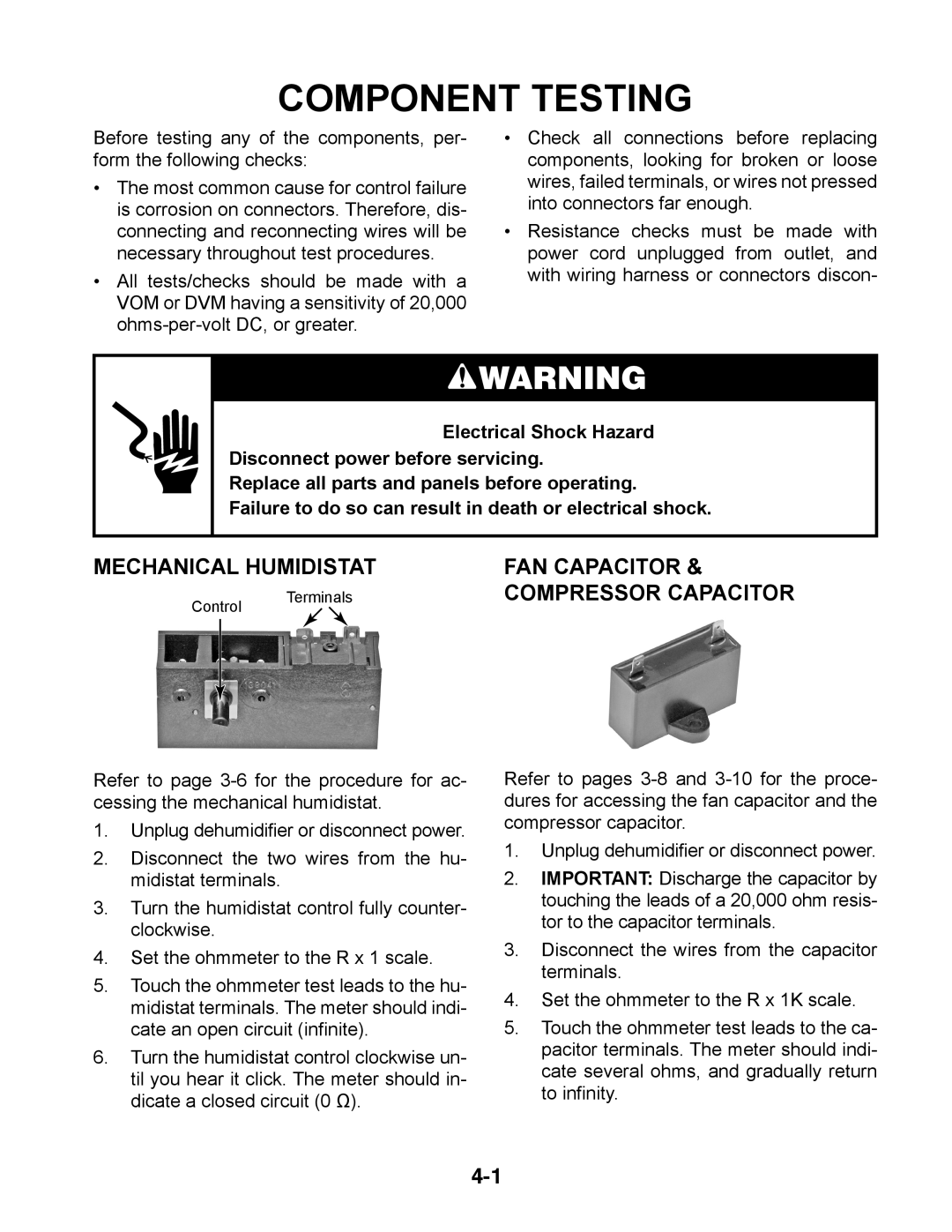 Whirlpool AD35USS, AD50DSS, AD70USS, AD50USS, AD35DSS, AD25BSS manual Component Testing, Mechanical Humidistat FAN Capacitor 