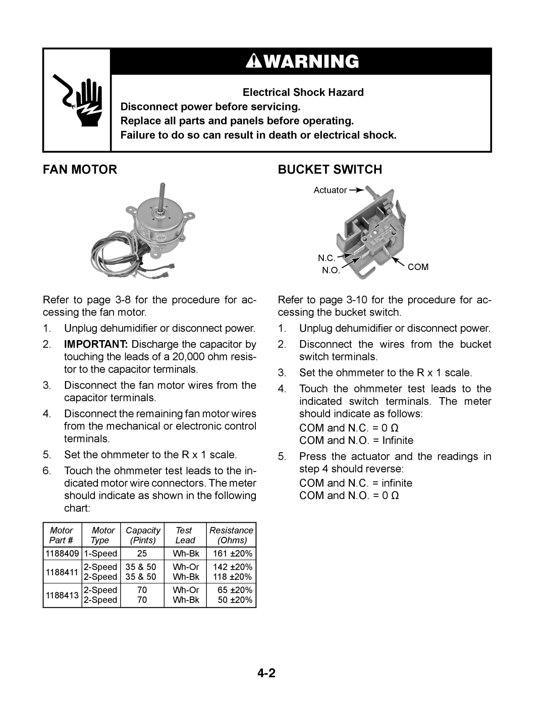 Whirlpool AD50DSS, AD70USS, AD50USS, AD35DSS, AD25BSS, AD35USS manual FAN Motor, Bucket Switch 