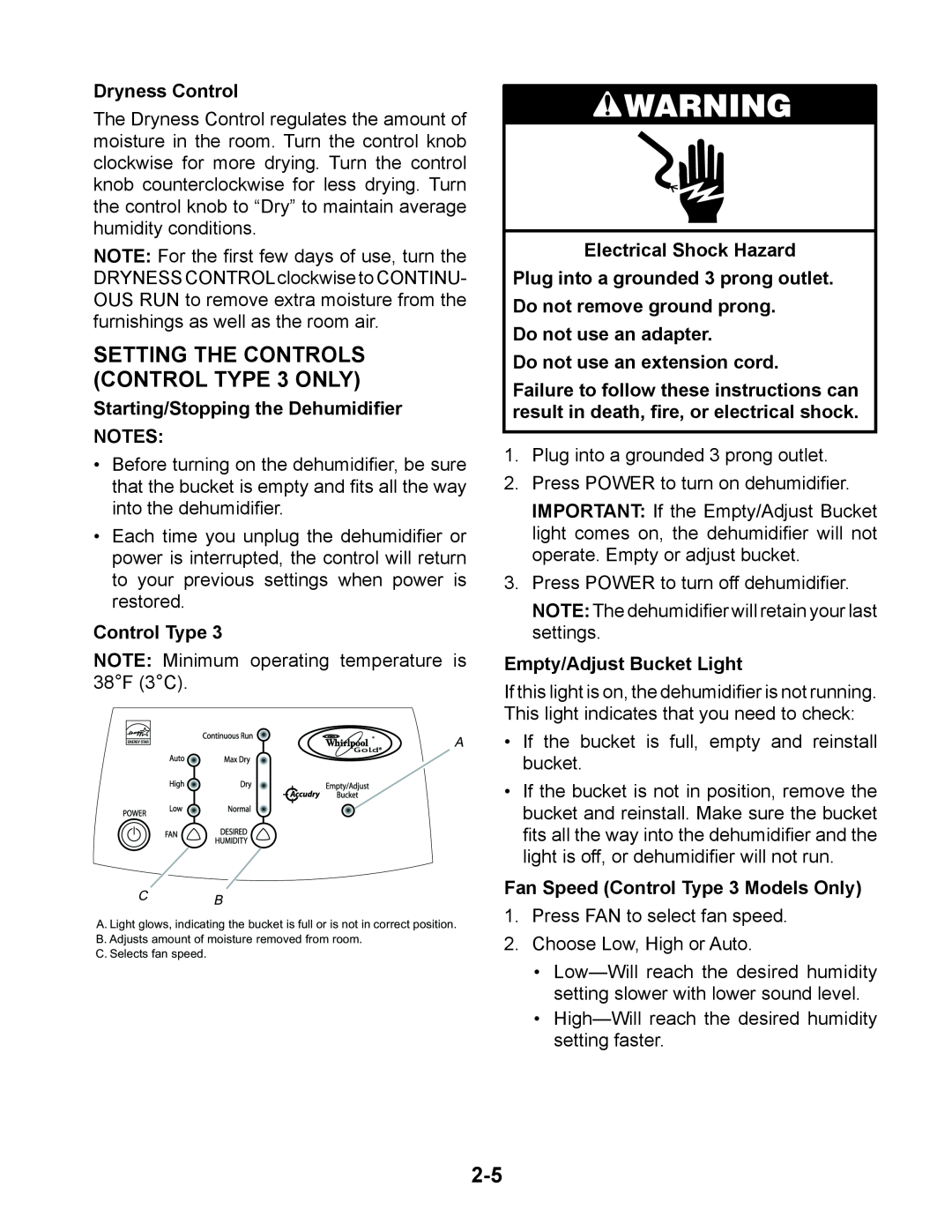 Whirlpool AD70USS manual SETTING THE CONTROLS CONTROL TYPE 3 ONLY, Dryness Control, Starting/Stopping the Dehumidiﬁer NOTES 