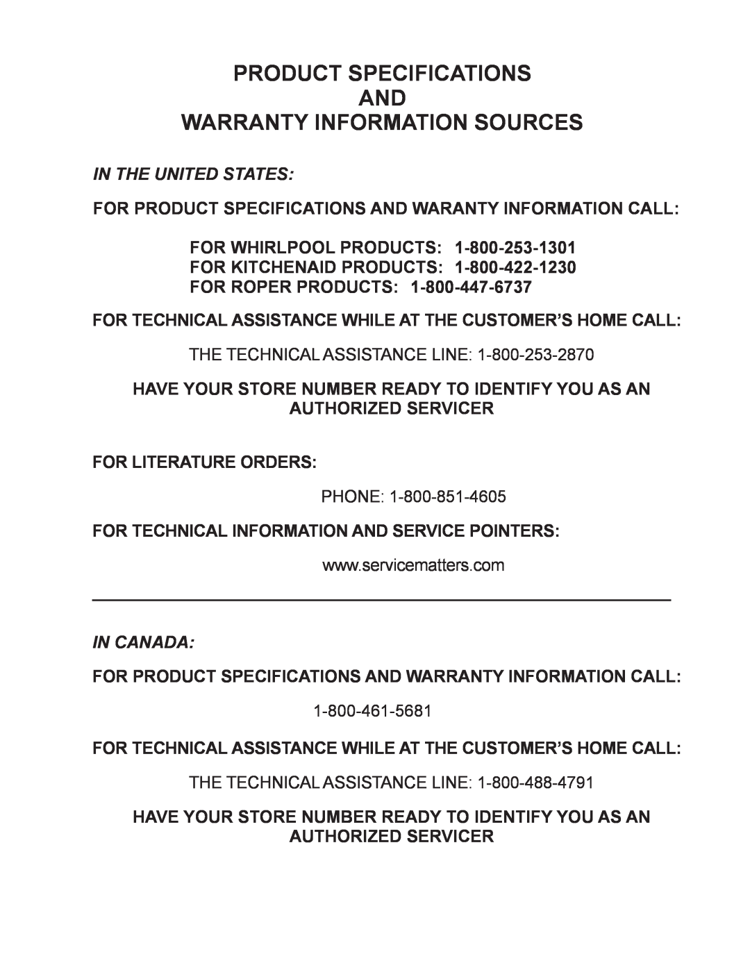 Whirlpool AD35DSS, AD50DSS manual Product Specifications And, Warranty Information Sources, In The United States, In Canada 