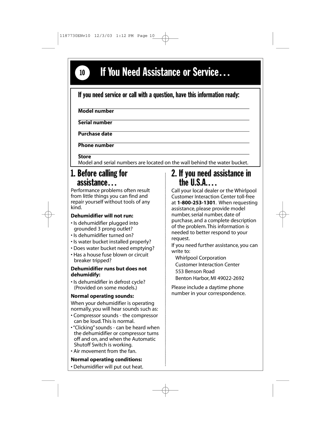 Whirlpool AD65USM2 installation instructions If You Need Assistance or Service…, Before calling for assistance… 