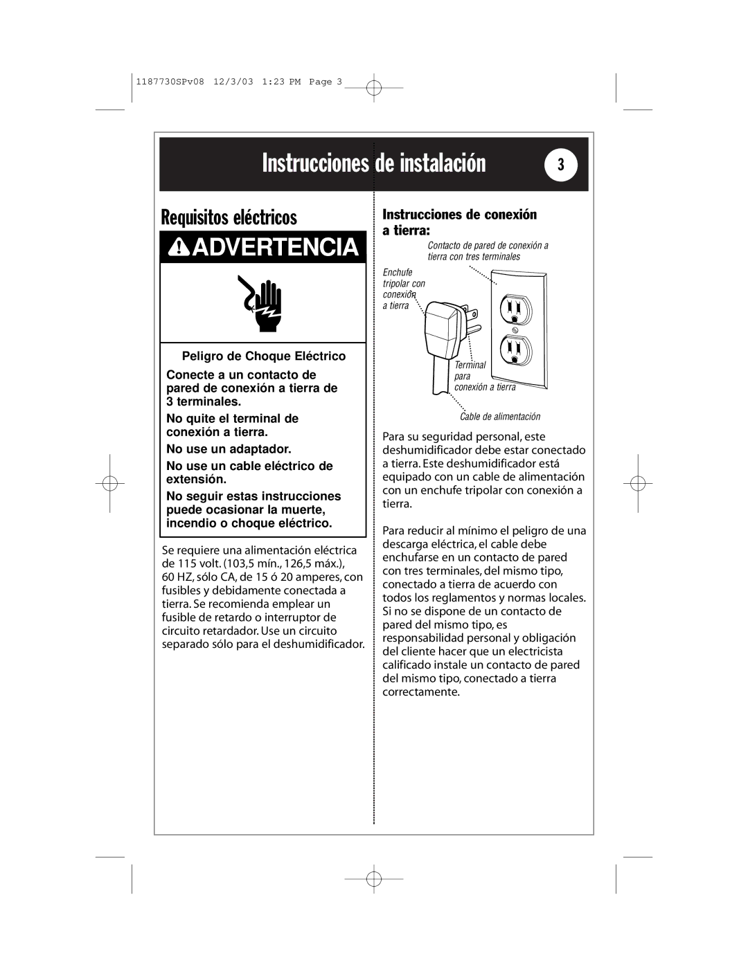 Whirlpool AD65USM2 installation instructions Requisitos eléctricos, Instrucciones de conexión a tierra 