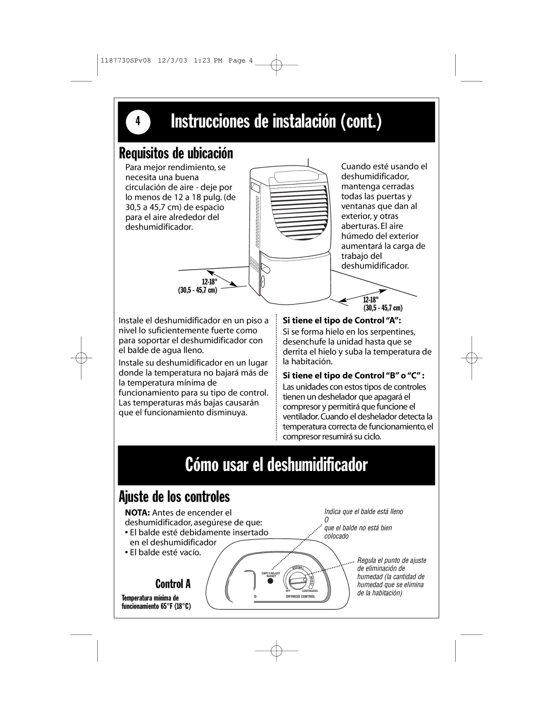 Whirlpool AD65USM2 Instrucciones de instalación, Cómo usar el deshumidificador, Ajuste de los controles 