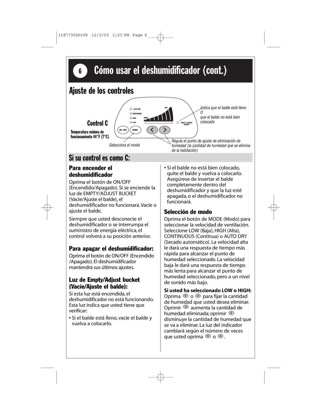 Whirlpool AD65USM2 installation instructions Selección de modo, Funcionamiento 44F 7C 