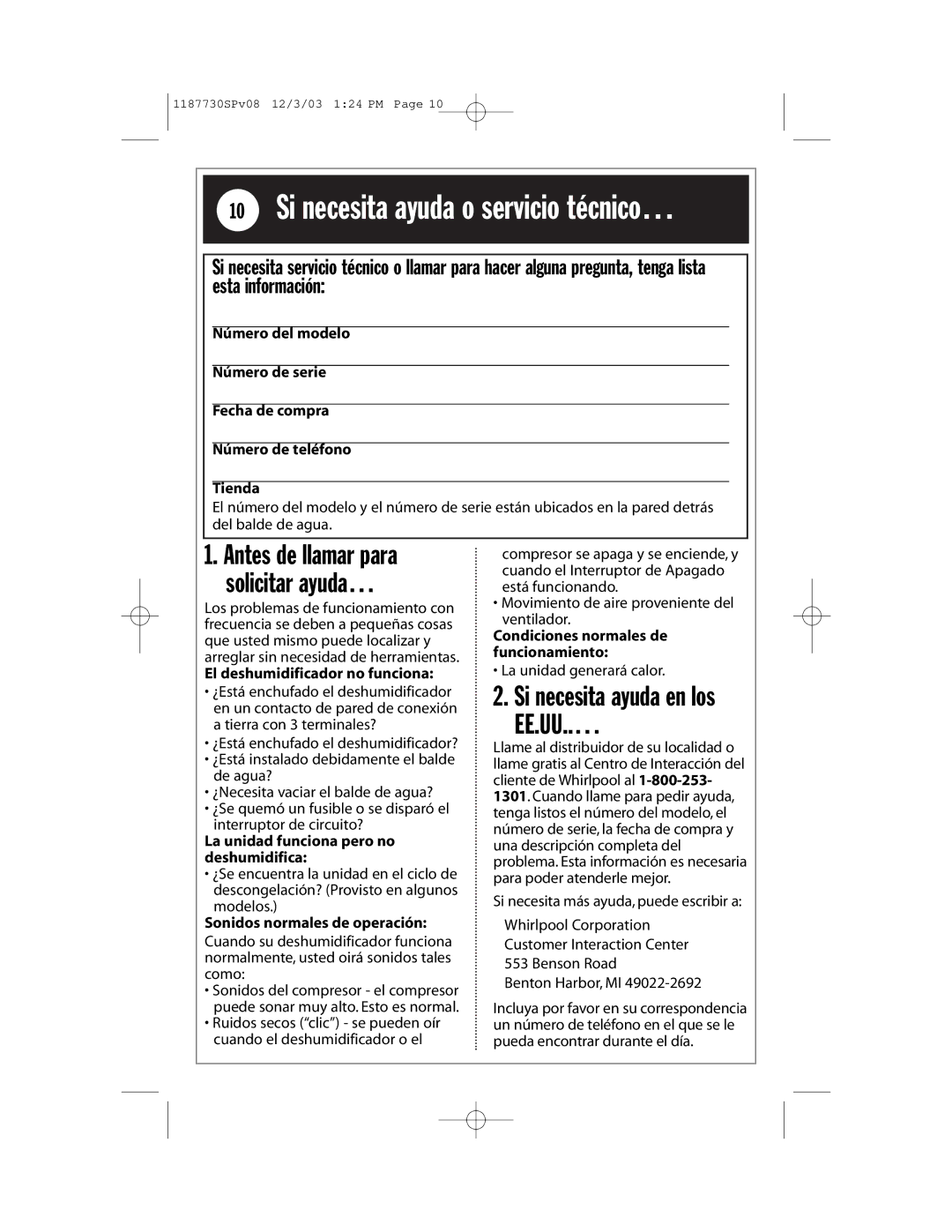 Whirlpool AD65USM2 installation instructions Si necesita ayuda o servicio técnico…, Solicitar ayuda… 