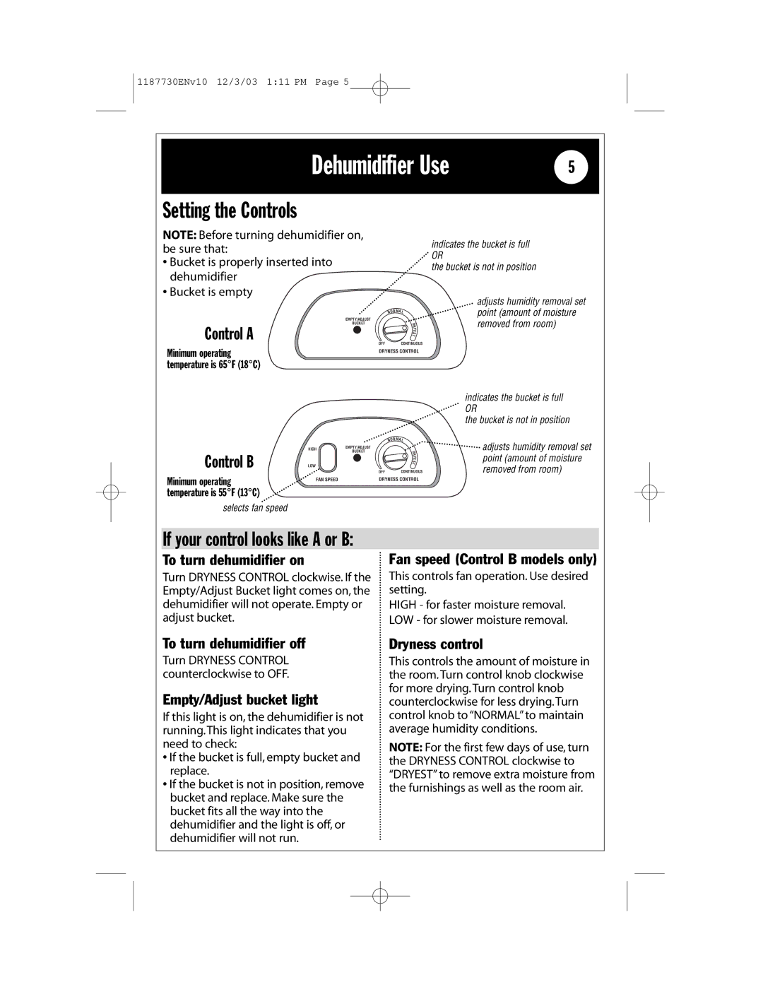 Whirlpool AD65USM2 installation instructions Setting the Controls 