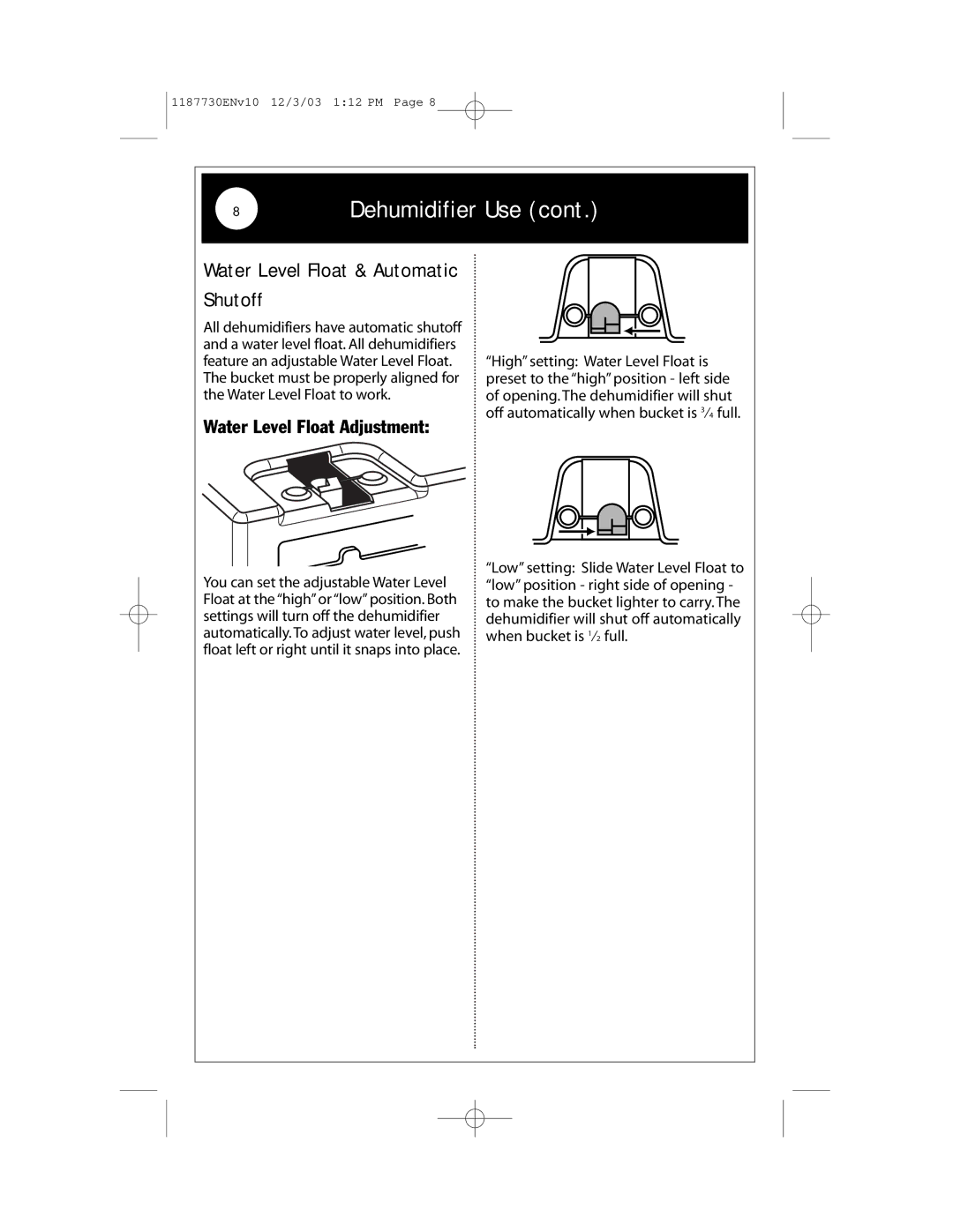 Whirlpool AD65USM2 installation instructions Water Level Float & Automatic Shutoff, Water Level Float Adjustment 