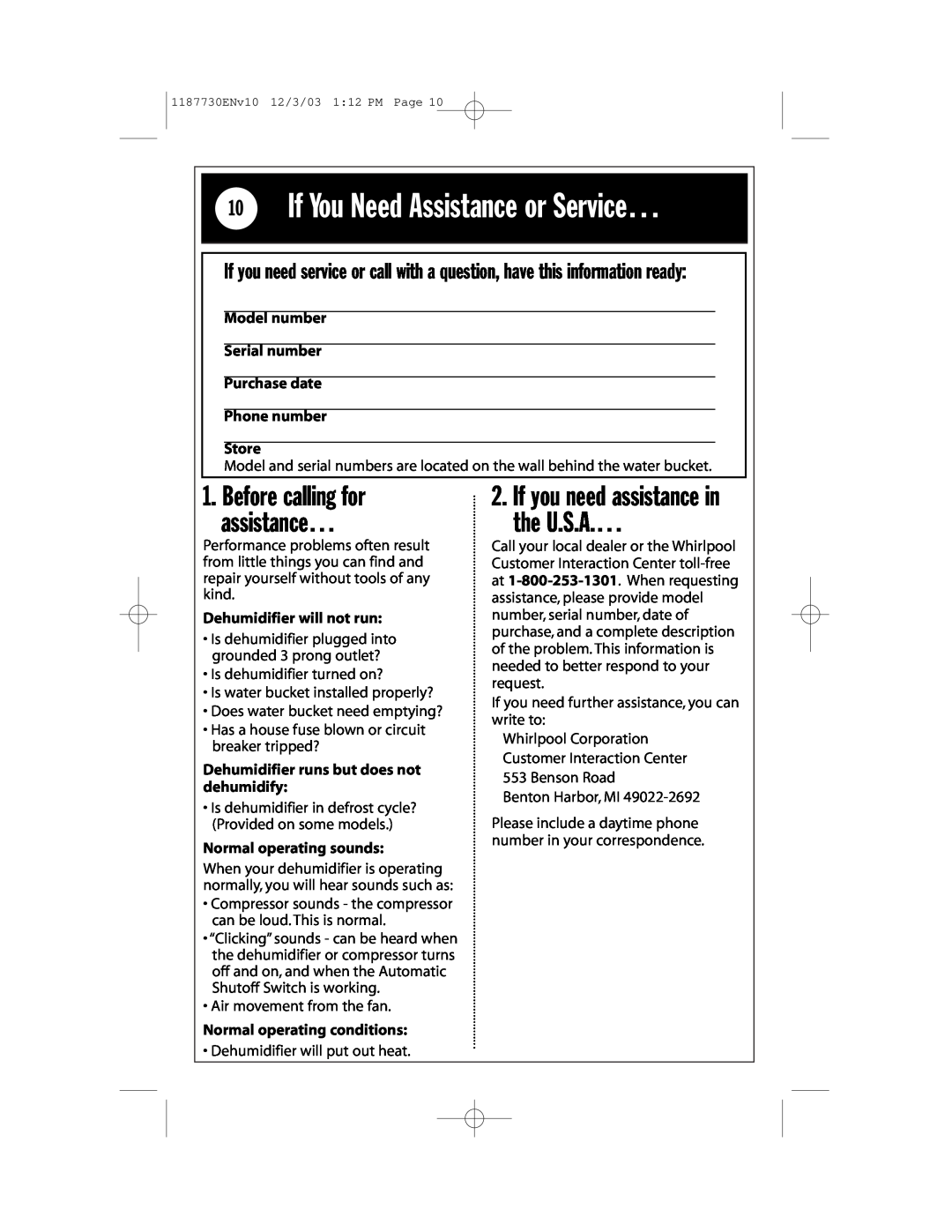 Whirlpool AD65USM2 installation instructions 10If You Need Assistance or Service…, Before calling for assistance… 