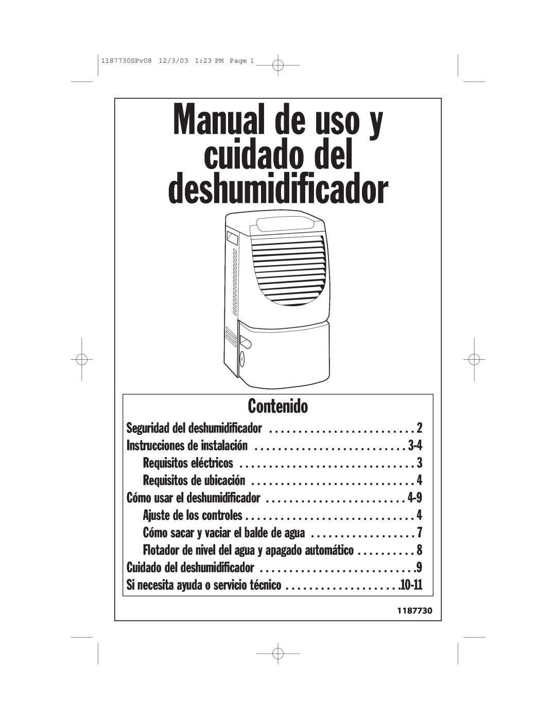 Whirlpool AD65USM2 installation instructions Contenido, Manual de uso y cuidado del deshumidificador 