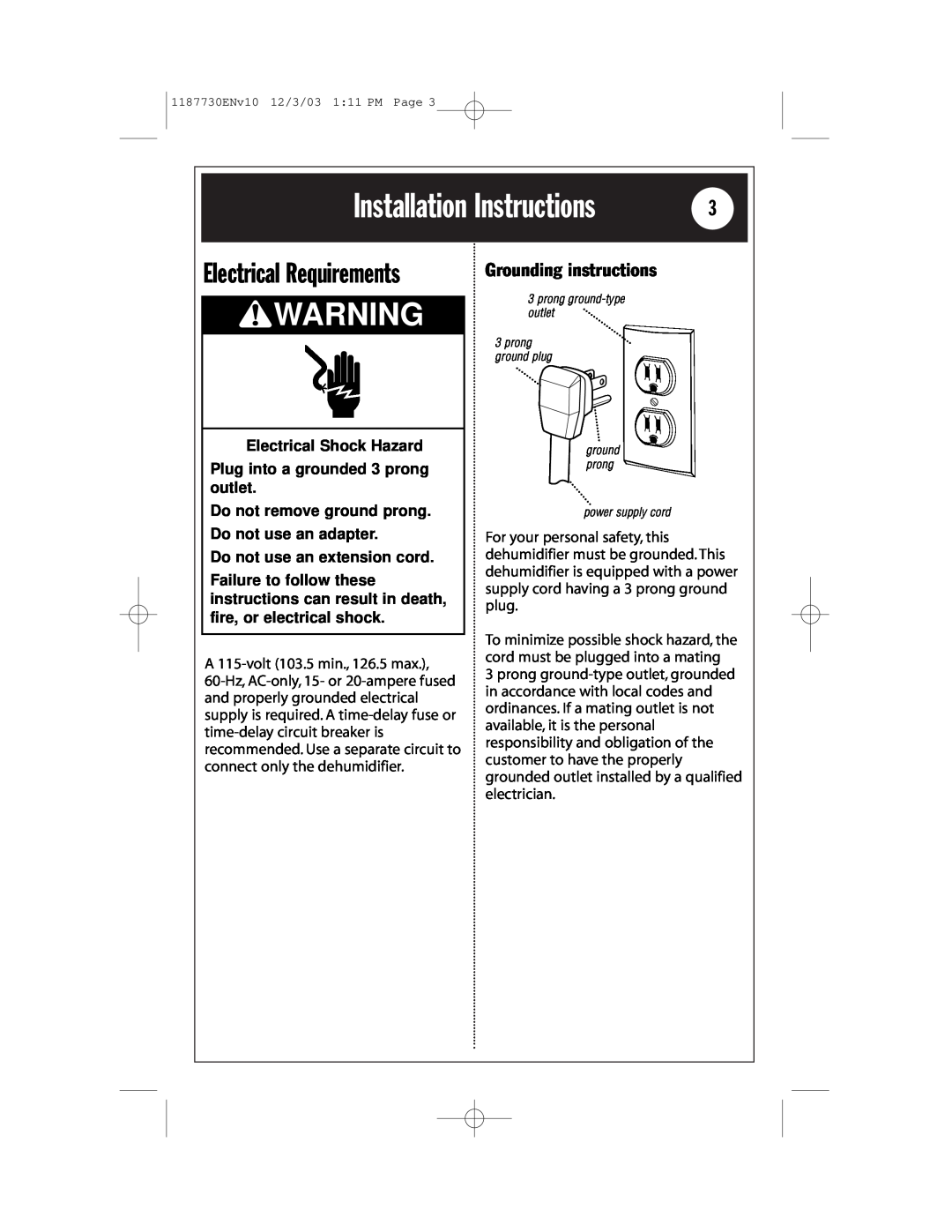 Whirlpool AD65USM2 Installation Instructions, Electrical Requirements, Grounding instructions, Electrical Shock Hazard 